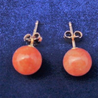 Vintage Coral Coloured Agate 14K Gold Stud Earrings Butterfly Backs