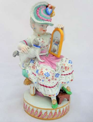 Antique Meissen Porcelain Figurine Girl Dog & Mirror M V Acier Model F50  c 1880