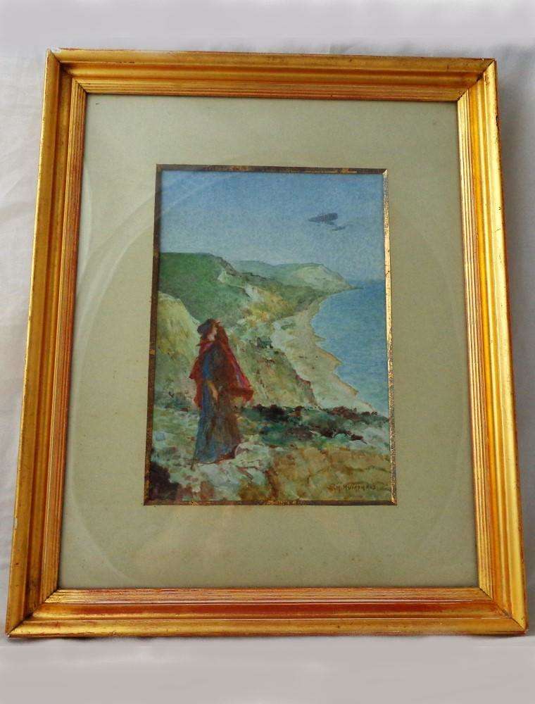 Antique Watercolour Bleriot Monoplane Dover Cliffs W H Humphris 1909 Framed