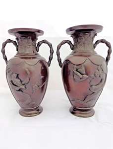 Antique Japanese Bronze Pair of Vases Kakiemon Birds Design 19th C Meiji 8.25"