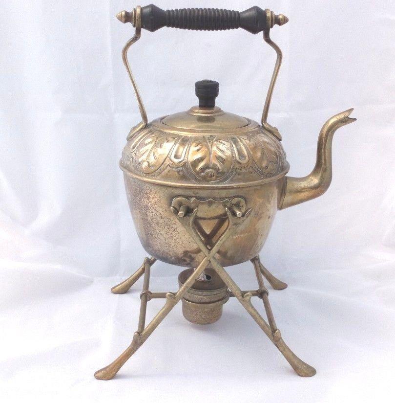 Arts and Crafts Brass Spirit Kettle Stand and Burner Repousse Design c 1900