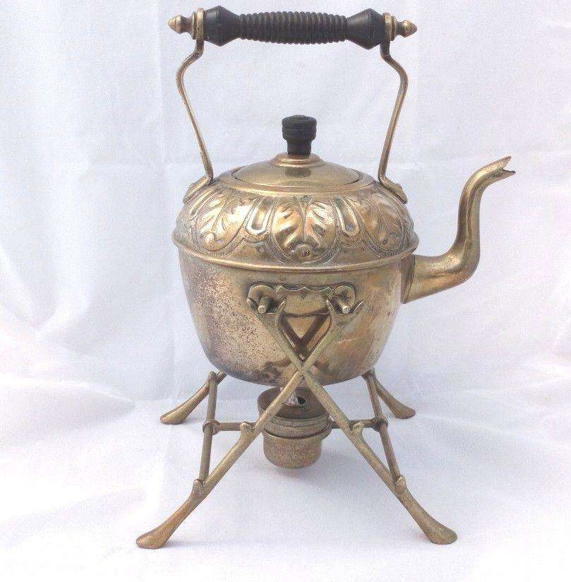 Arts and Crafts Brass Spirit Kettle Stand and Burner Repousse Design c 1900