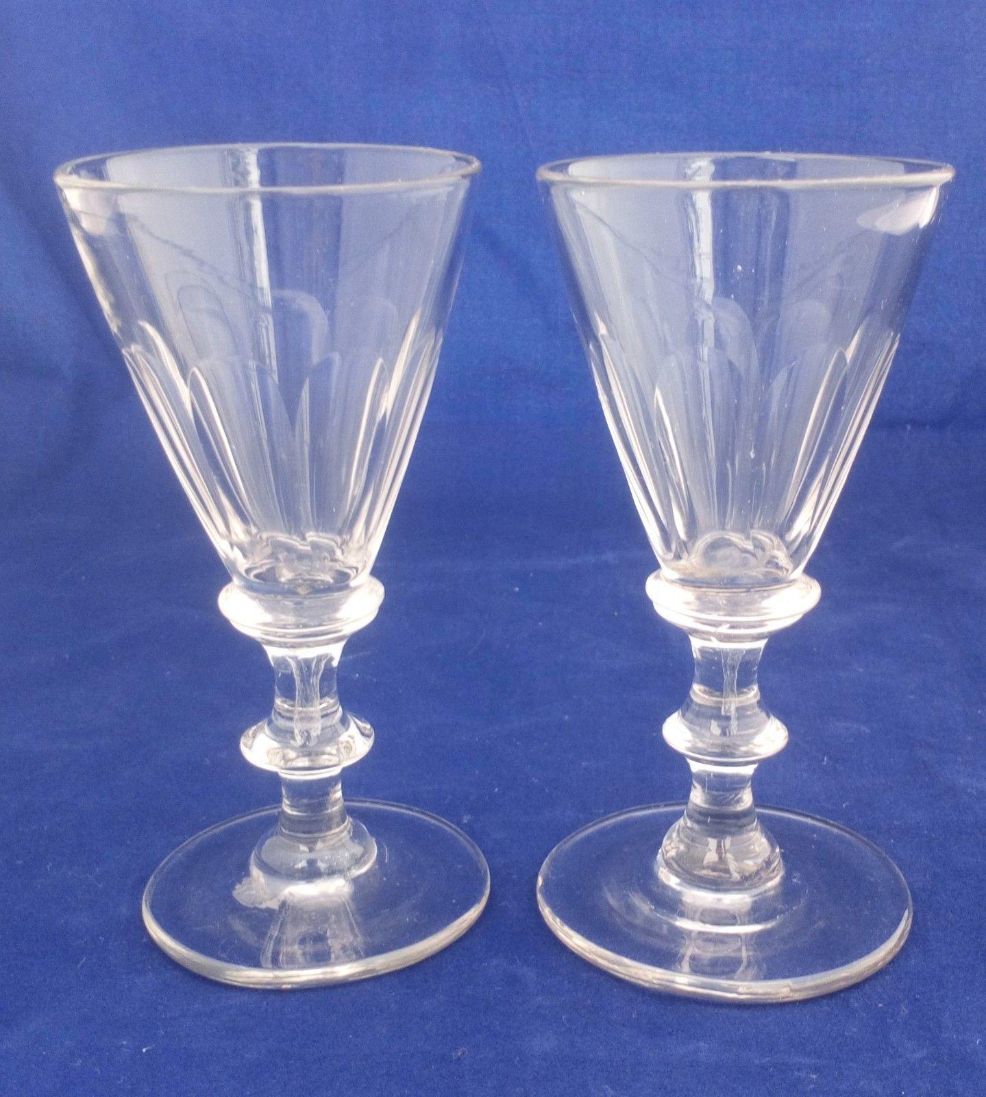 Pair Antique William IV Wine Glasses Bucket Bowl Blade Knop Plain Foot c 1830