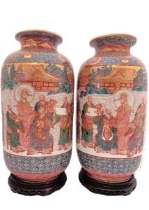 Pair Kutani Vases Antique Japanese Hyoyu Hand Painted Porcelain Vases Meiji 20"