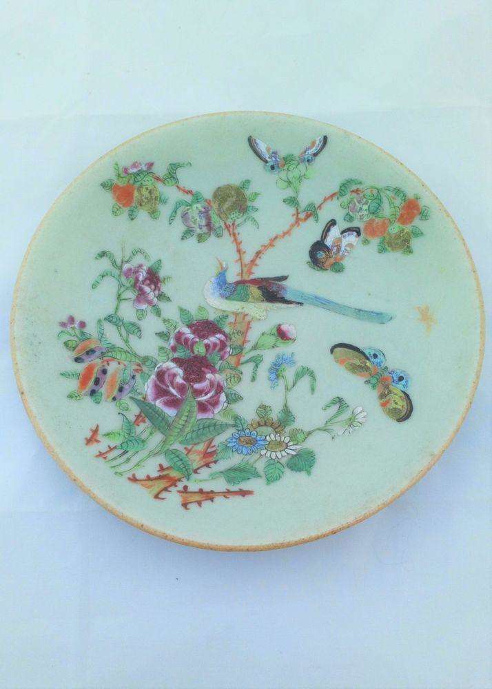Chinese Canton Celadon Plate Painted Bird and Butterflies 19th C Antique
