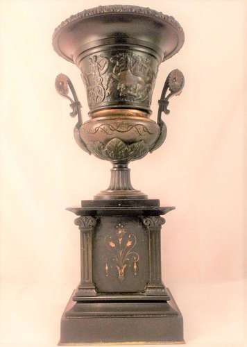 Patinated Bronze Greek Revival Style Urn On Black Marble Stand Antique c 1870