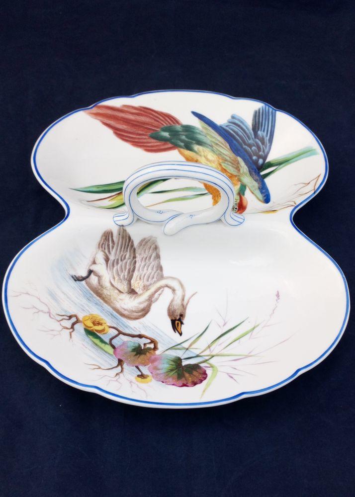 Fischer and Mieg Pirkenhammer Porcelain Handled Dish Parrot Swan Antique c 1870