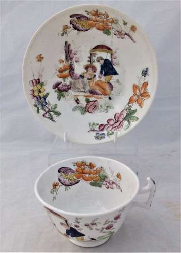 London Shape Porcelain Tea Cup & Saucer Printed Shepherdess Pattern 1815