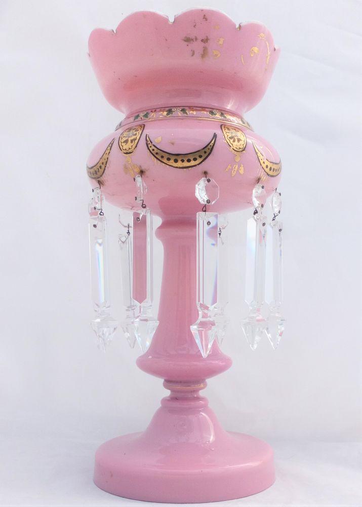 Pink Opaque Glass Mantle Lustre Vase Antique Victorian c 1870