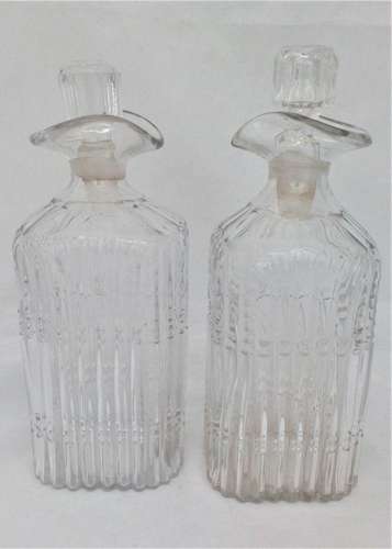 Pair of Georgian Square Cut Irish Glass Pint Decanters Spouted Pouring Lip c 1820