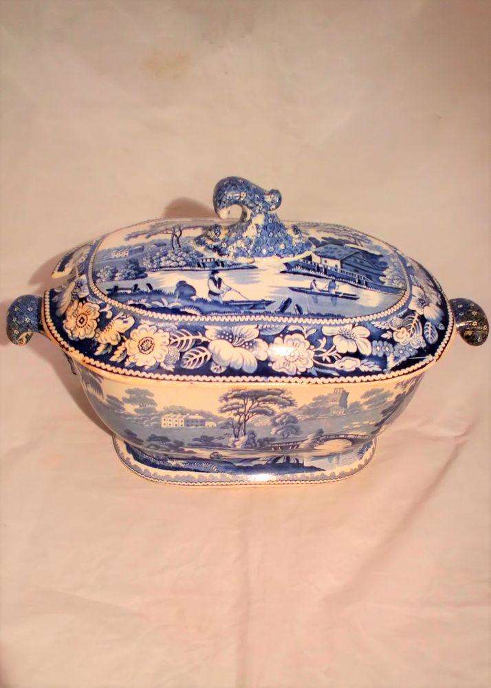 Wild Rose Nuneham Courtenay Large Soup Tureen Pottery Blue and White Antique c 1830