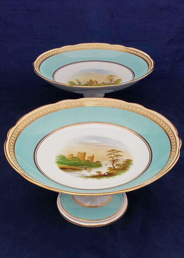 Pair Antique Victorian Porcelain Hand Painted Landscape Tazzas Comports Compotes circa 1860