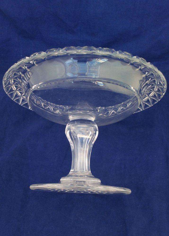 Antique Victorian Turn Over Rim Cut Glass Bowl Comport Compote or Tazza Round Star Cut Foot Hollow Inverted Baluster Facet Cut Stem circa 1850