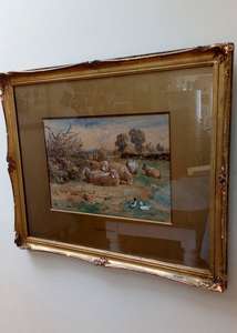 Antique Gilt Framed Glazed and Gilt Mounted Claude Cardon Watercolour  painting Titled A Field at Whitstable Kent with sheep and ducks circa 1900