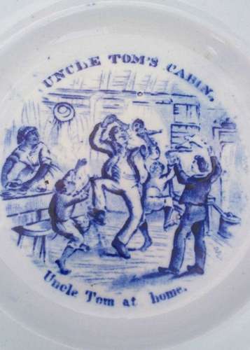 Antique Transferware Pearlware Plate Based upon Harriet Beecher Stowe's Anti Slavery novel Uncle Tom's Cabin with a print by George Cruikshank in blue of Uncle Tom at Home circa 1855