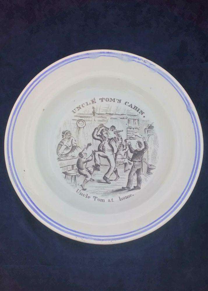 Antique Transferware pearlware Plate based upon the  Anti Slavery Novel Uncle Tom's Cabin by Harriet Beecher Stowe with a black printed pattern Uncle Tom at Home by George Cruikshank circa 1855 Print