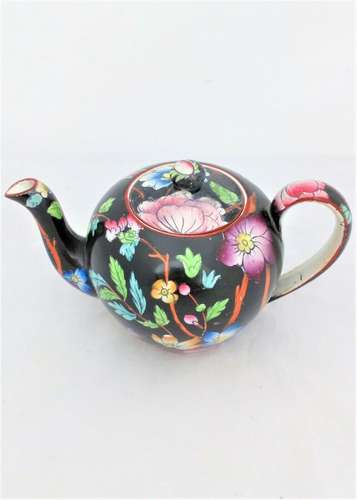 Antique Bachelor Teapot Transferware Black Ground Floral Sprays Livonia c 1850