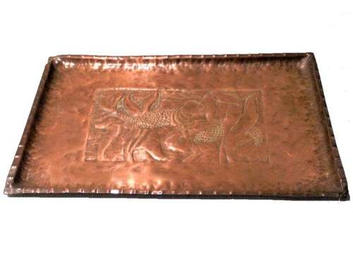 Antique Arts and Crafts Newlyn school rectangular copper tray chased Gurnard fish and kelp seaweed decoration circa 1900 18 x 12 inches