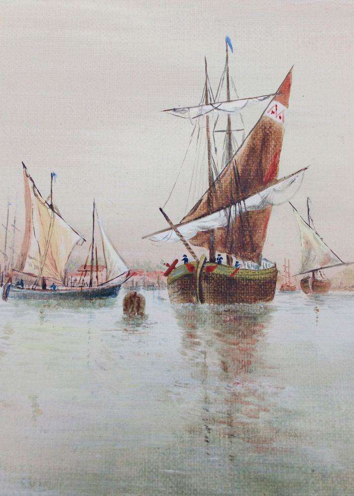 Antique oil painting of a gondola and sailing barges on the Grand Canal in Venice Italy Signed M Aiken Re-Framed Gilt Mounted Early 20th C