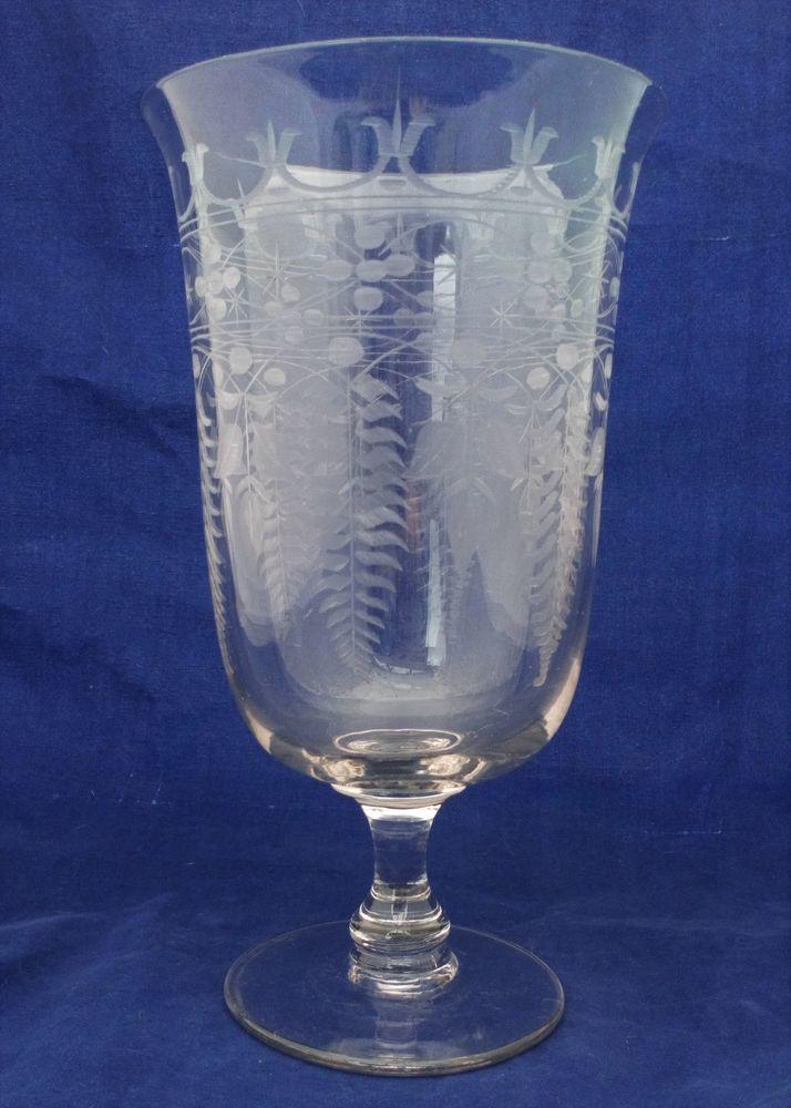 Antique Victorian Engraved Glass Celery Vase with ferns and geometric scrolls and stars on a Bell Shaped bowl sat on a Baluster Stem  with plain foot circa 1870