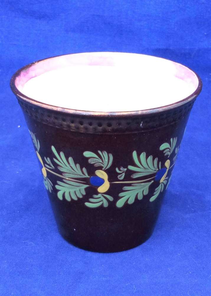 Antique Victorian Hand Painted Copper Lustre Ale Beaker Cup with Pink Lustre Rim circa 1840