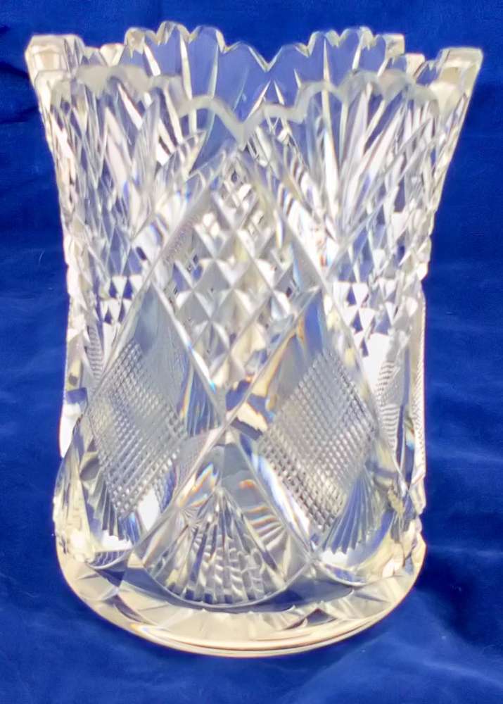 An antique Edwardian fan cut glass small celery vase with hobnail and strawberry diamond cutting star cut base circa 1910