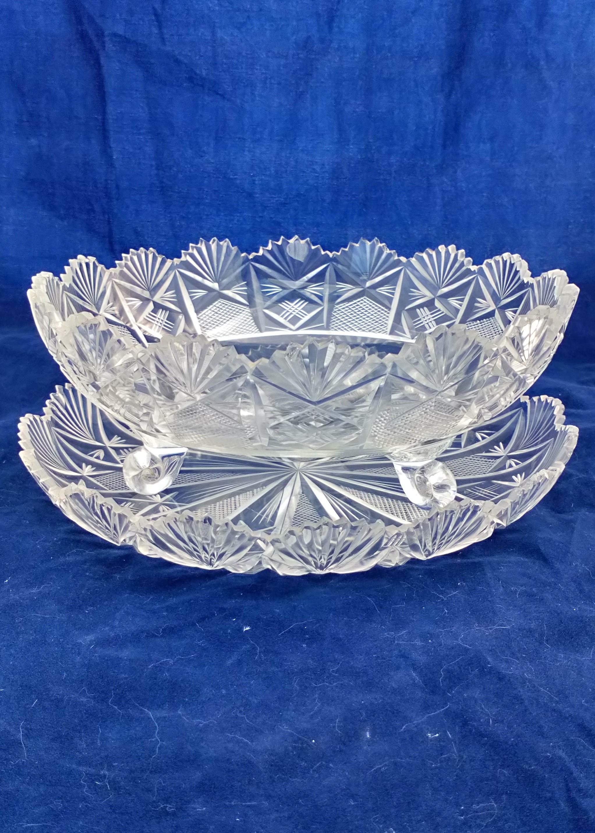 An antique Georgian style fan cut lead glass strawberry drainer bowl and stand Edwardian circa 1905