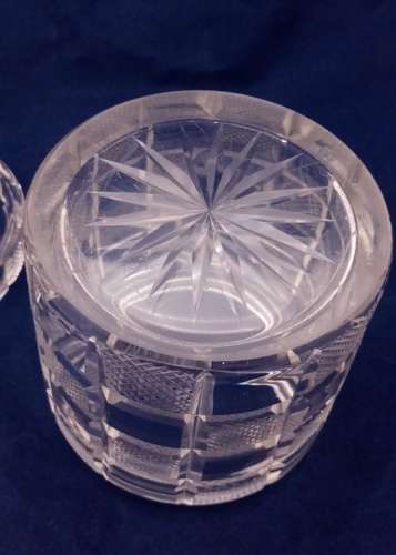 Antique Georgian lidded butter dish chequered cut glass cylindrical shape circa 1820