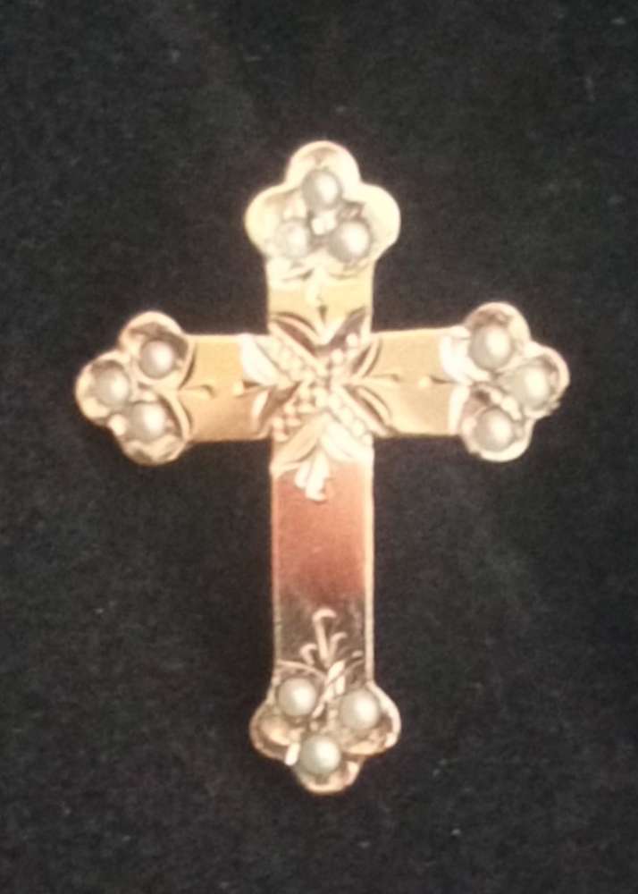 Antique Victorian 9ct Gold Front and Seed Pearl Tiny Cross Brooch or Pin c 1890
