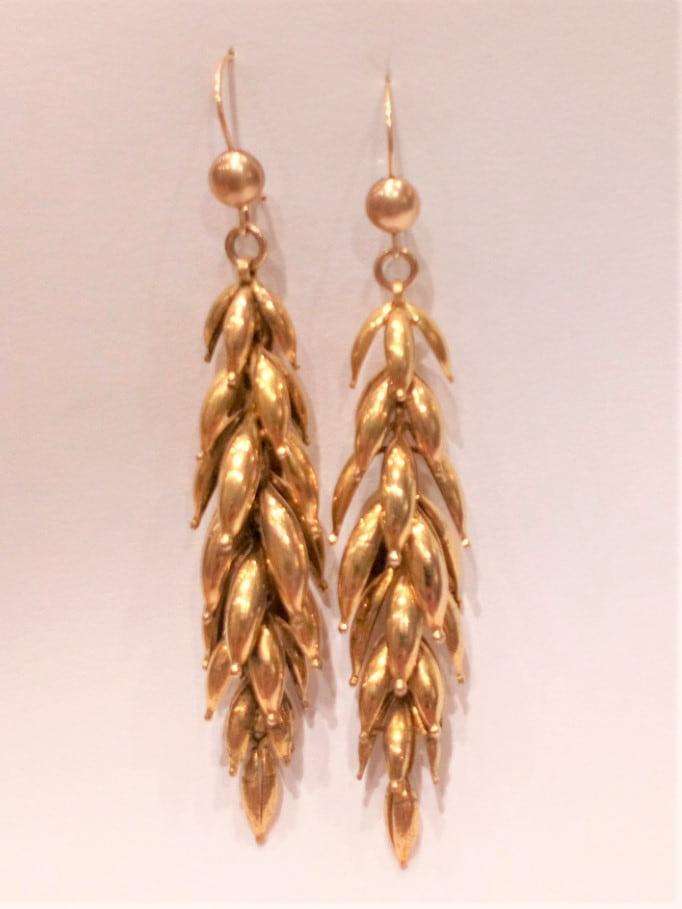 Antique Victorian Yellow Metal Articulated Long Cluster Earrings c 1870 3 inches
