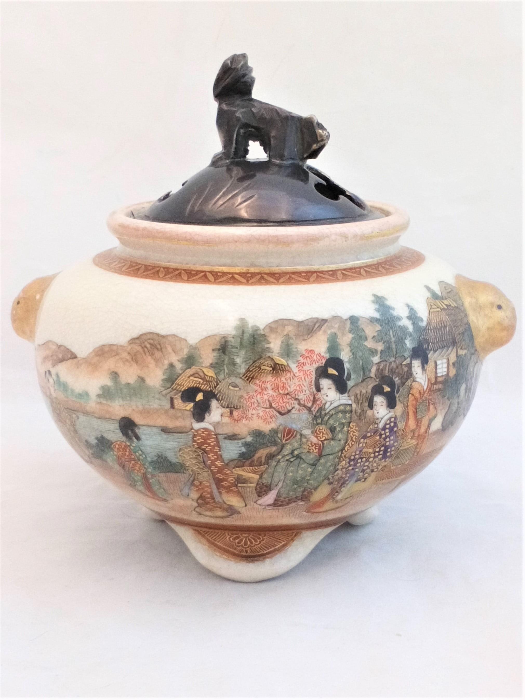 Antique Japanese Satsuma Pottery Koro hand painted figures in a continuous lakeside and mountain scene by Kizan 岐山 Meiji circa 1900