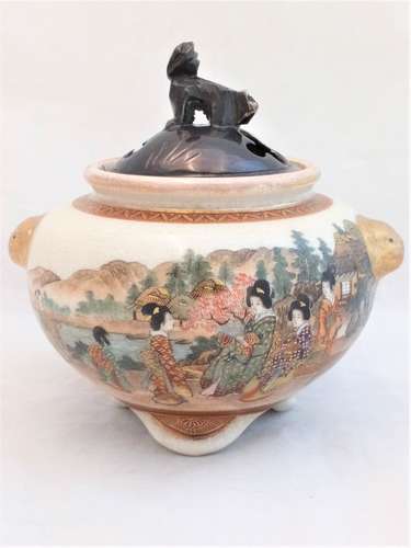 Antique Japanese Satsuma Pottery Koro hand painted figures in a continuous lakeside and mountain scene by Kizan 岐山 Meiji circa 1900