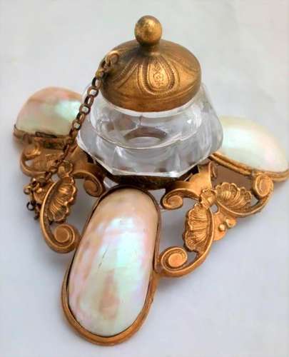 Antique French Palais Royal of Paris Mother of Pearl Shell and Ormolu stand with a Glass Ink well Grand Tour memento circa 1880