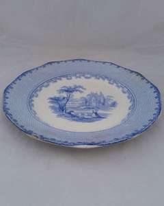 Victorian Blue and White Dinner Plate Romantic Pattern No 15 Geometric border c 1850