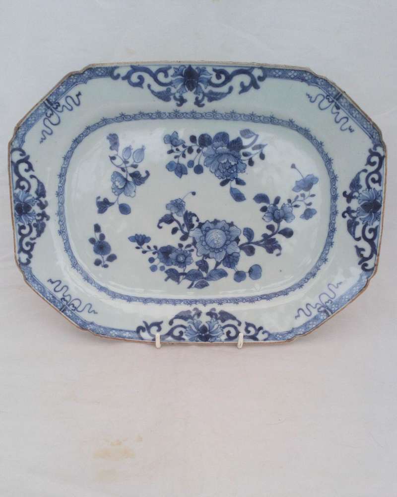 Antique Chinese Porcelain Platter Blue White Peony Batavian Rim Qianlong circa 1750