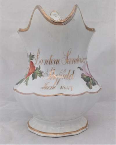 Antique Isaac Baguley Rockingham Porcelain Quart Jug with a scrolling gilt inscription Caroline Sanderson Sheffield 1847  capacity of two pints or a quart.