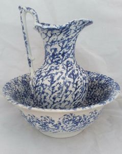 Antique Blue and White Spongeware Spatterware Pottery Toilet Jug and Basin 1850