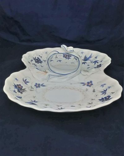 Antique German porcelain hors d'ouevres dish with loop handle decorted with blue flowrs and birds with gided highlights. Marked on the base KPM for Krister Porzellan-Manufaktur of Waldenburg circa 1860.