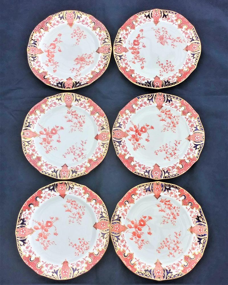 An antique set of six Royal Crown Derby Porcelain Imari Fern pattern  2712 7 inch diameter 20 cm side or dessert Plates circa 1914