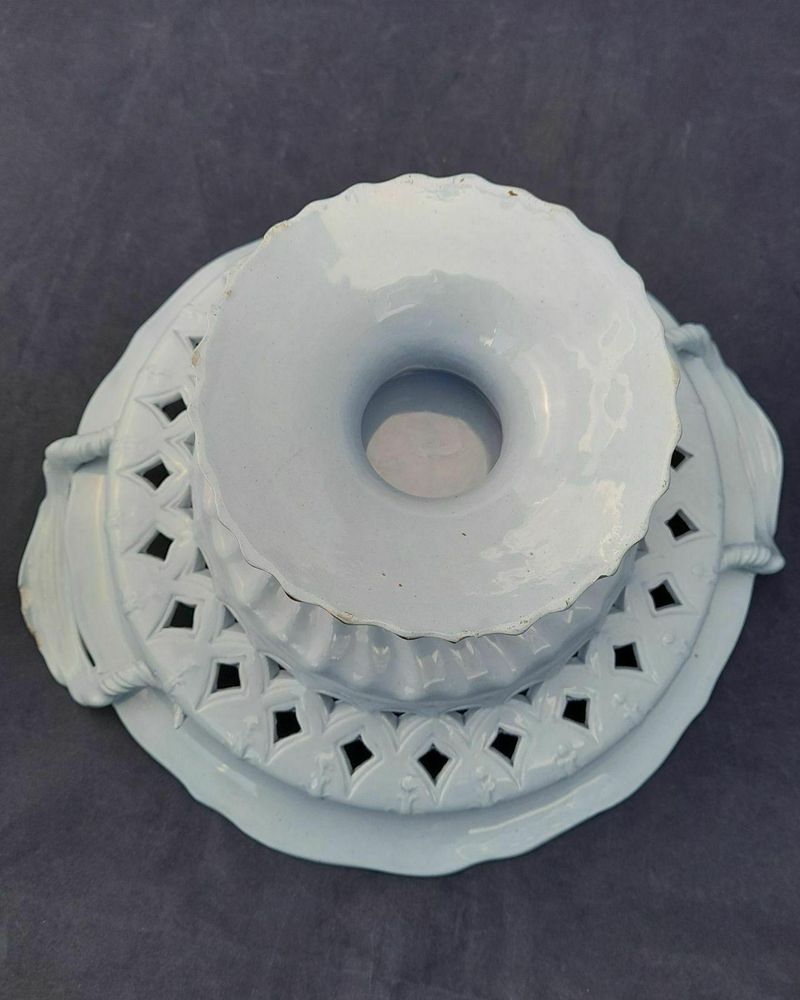 Antique William Ridgway & Co Pale Blue Earthenware Part Dessert Service circa 1830 - low relief moulded pierced and gilded with handles five pieces