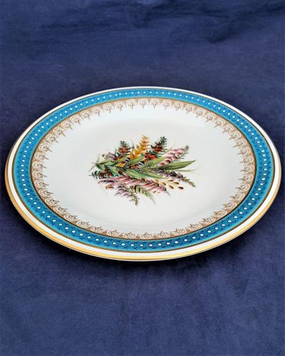 An antique Royal Worcester Porcelain Botanical Dessert Plate Heather Pattern number 8893 impressed date code 1904 Jewelled rim