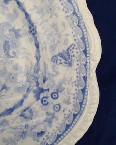 Antique pearlware blue & white transferware shell shaped dessert dish - marked Royal Vitrescent Rock China