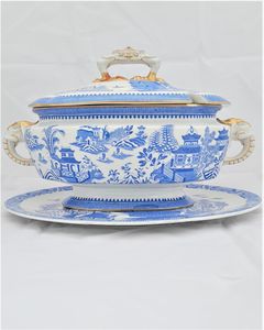 Large Royal Worcester Vitreous China Lidded Soup Tureen & Stand Blue Willow pattern B735 with gilded elephant & bird head handles antique circa 1904  maximum capacity 6 pints