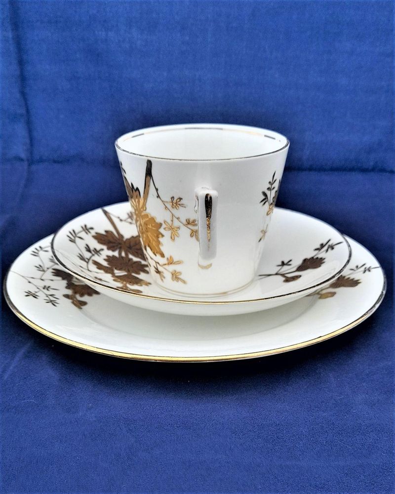 Wileman & Co Foley China pre-Shelley Porcelain Trio Cup Saucer & Plate - Victoria Shape decorated in the Gilded Aster Pattern 3980 Antique ca 1889 -2
