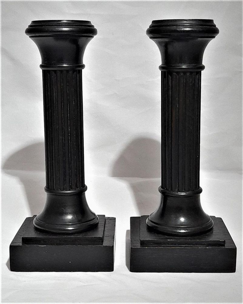 Pair of antique Edwardian Ebony ribbed Doric column wooden candlesticks 6 inches high circa 1905