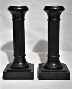 Pair of antique Edwardian Ebony ribbed Doric column wooden candlesticks 6 inches high circa 1905