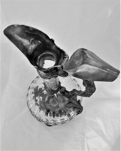 French ornate gothic scroll white metal mounted cut glass claret jug antique circa 1870 - shaft & globe shape decorated with thumb cuts & faceted neck 13 inches 1 1/2 pint capacity.