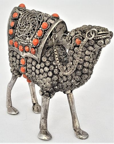 Vintage Sterling silver & coral dromedary camel ornament with mahawi possibly North Arabian - stamped 925 - 7 cm high 8 cm long weight 90 grammes