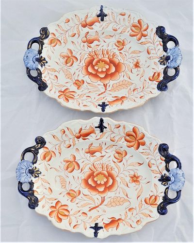 Antique New Hall Porcelain Inverted Shell or Dropped Shell Dessert Service - 9 pieces - Hand Painted Imari Pattern low relief moulded - Antique ca 1820 - 4 kg
