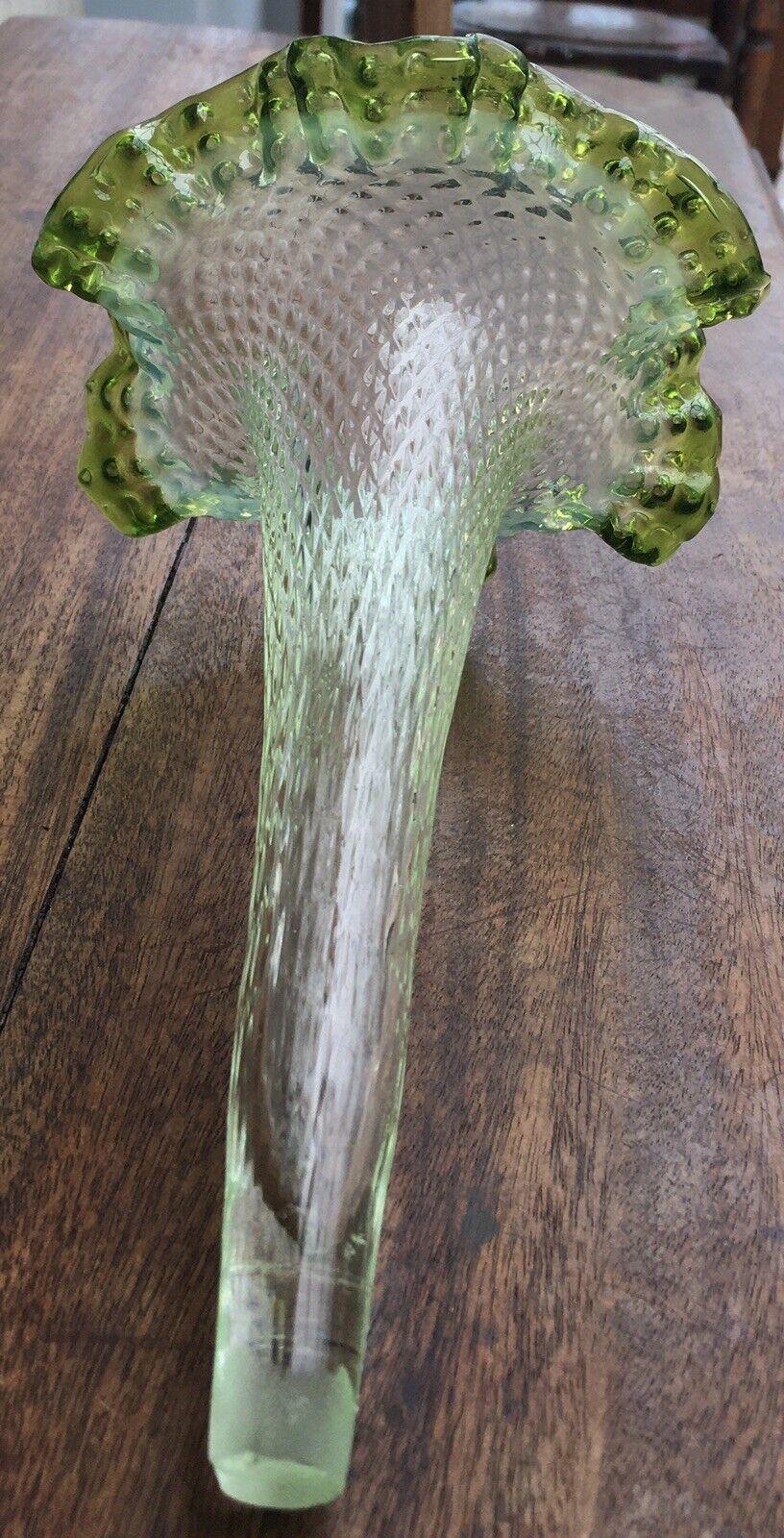 Antique Victorian Green Vaseline Quilted Glass Epergne Trumpet Crimped Rim 20cm